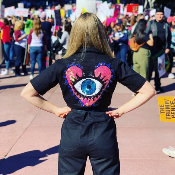 Custom Tailored Black Denim Embroidered "Seeing Eye" Jumpsuit - Picture 1 of 3